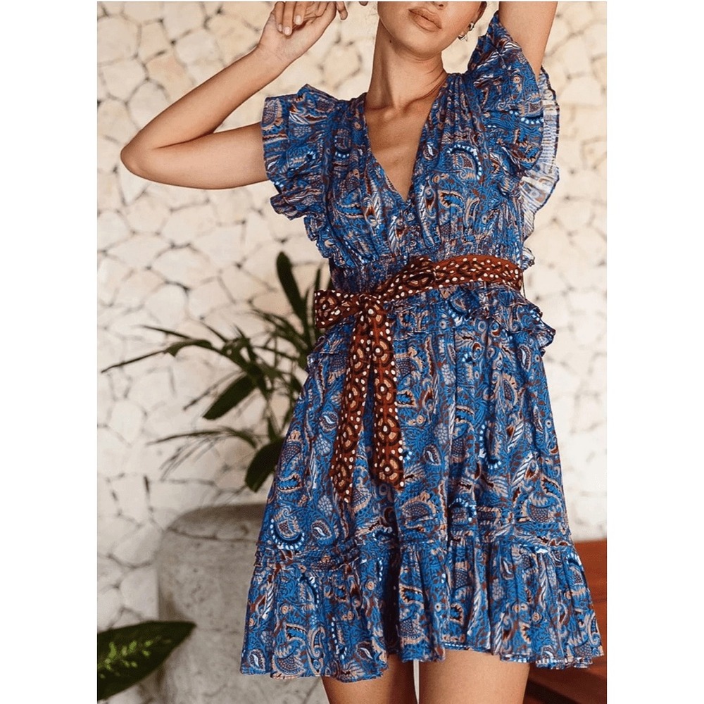 Cleobella Elara Mini Dress Blue Rust Paisley Cotton Ruffle Flutter Sleeve M